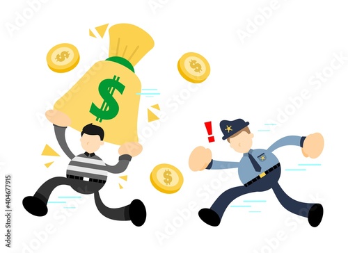 police and burglar thief gold coin money dollar cartoon doodle flat design style vector illustration