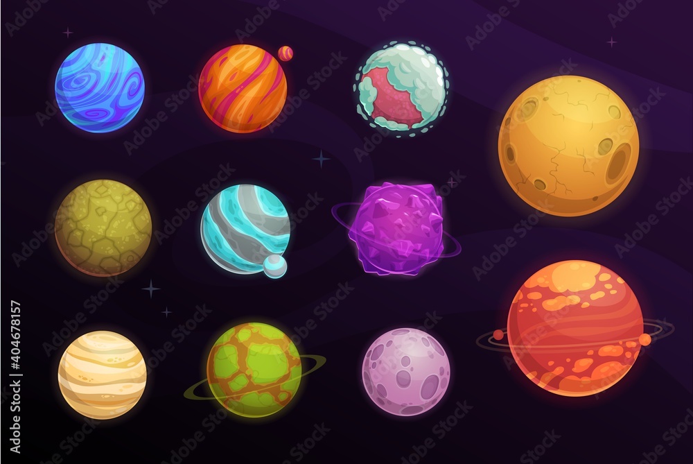 Alien planets vector cartoon set of space game user interface, ui or gui design. Fantasy galaxy universe planets and stars with craters, asteroids and satellites, orbits, ice crystal and meteor rings