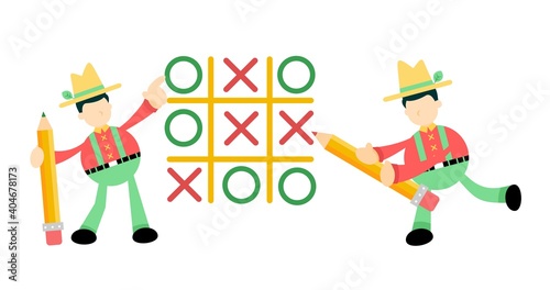 farmer man play tic tac toe cartoon doodle flat design style vector illustration