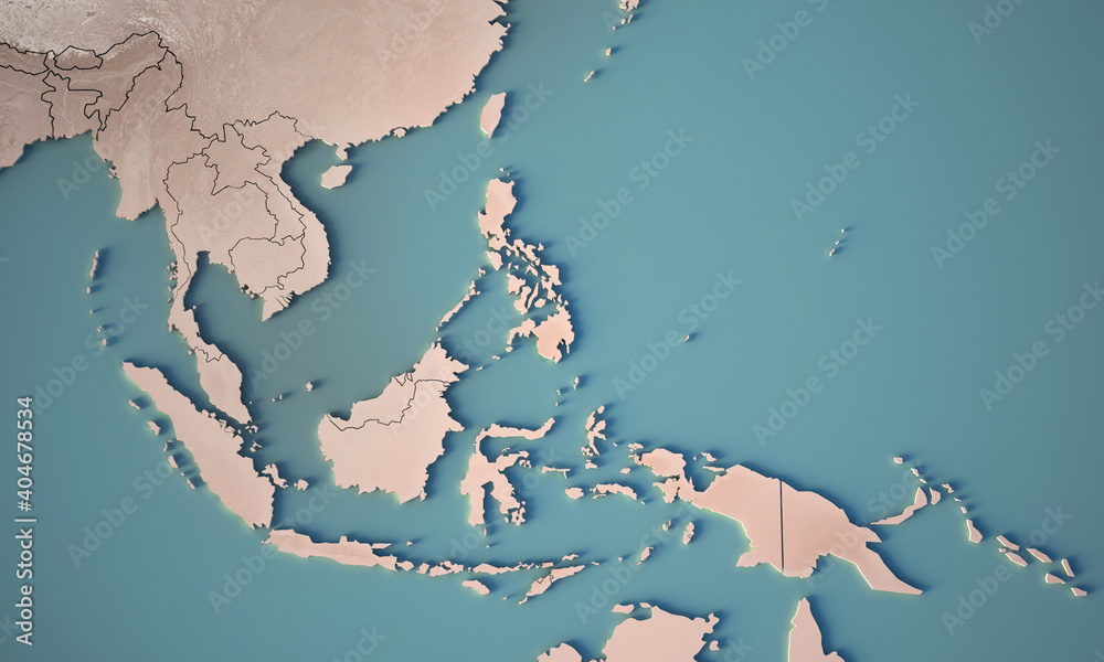 Continental map of Southeast asia. Topography 3d render world map. Stock Illustration Adobe Stock
