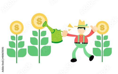 farmer man and gold coin money dollar garden cartoon doodle flat design style vector illustration