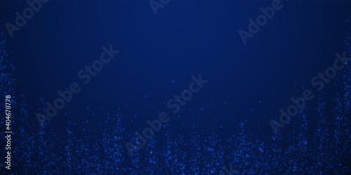 Magic stars Christmas background. Subtle flying snow flakes and stars on dark blue night background. Authentic winter silver snowflake overlay template. Appealing vector illustration.