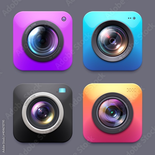 Photo and video cameras with lens flare vector icons, isolated digital button signs. Photographer equipment graphic design elements, label or emblems for web content, snapshot, photocamera symbols set