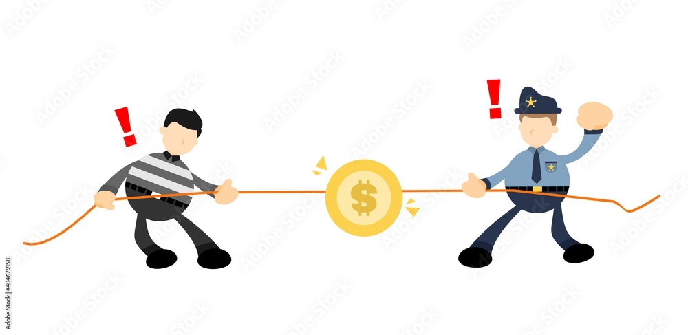 Police thief tug money coin cartoon doodle flat design style vector illustration Police thief tug money coin cartoon doodle flat design style vector illustration