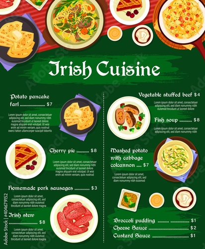 Irish cuisine vector cherry pie, vegetable stuffed beef and broccoli pudding. Fish soup, irish stew and cheese sauce, mashed potato with cabbage colcannon and homemade pork sausages meals of Ireland