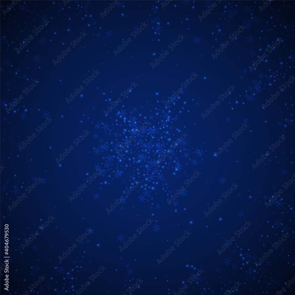 Beautiful glowing snow Christmas background. Subtle flying snow flakes and stars on dark blue night background. Actual winter silver snowflake overlay template. Authentic vector illustration.