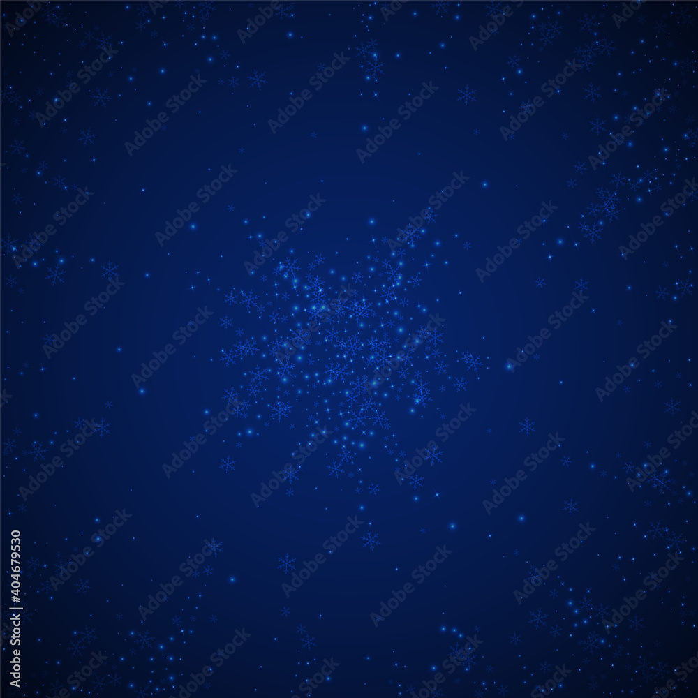 Obraz premium Beautiful glowing snow Christmas background. Subtle flying snow flakes and stars on dark blue night background. Actual winter silver snowflake overlay template. Authentic vector illustration.