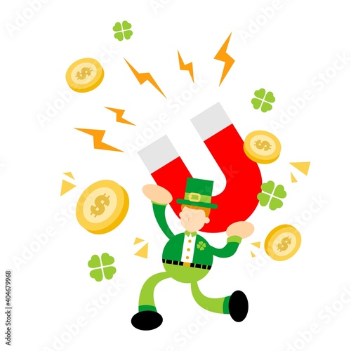 green Leprechaun and magnet attract money cartoon doodle flat design style vector illustration