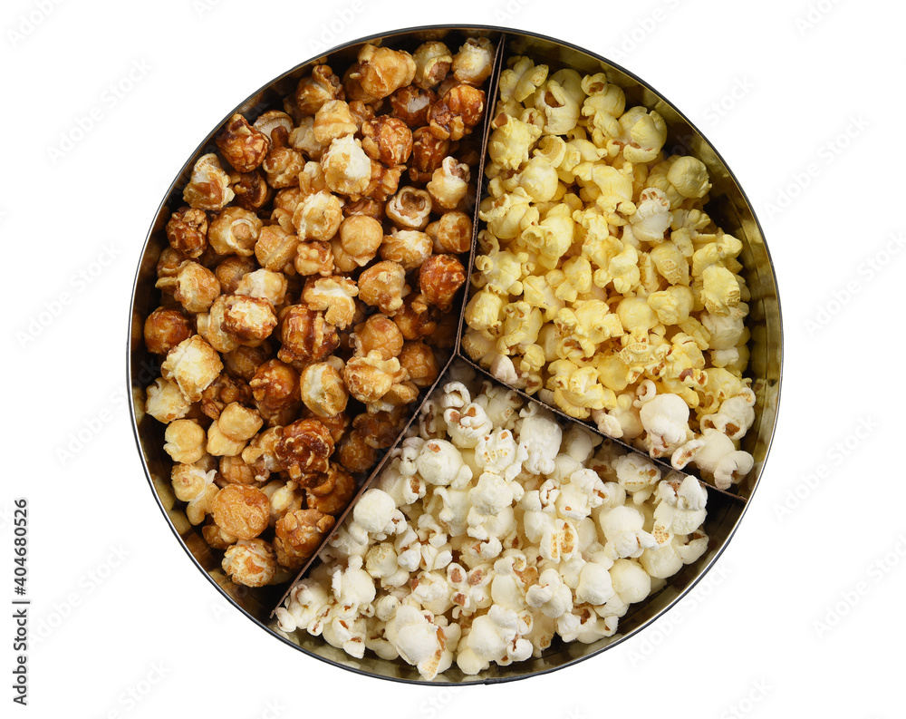 Three different styles of popcorn, buttered, cheese, and caramel, in a round tin. High angle isolated on white. Three different styles of popcorn, buttered, cheese, and caramel, in a round tin. High angle isolated on white.