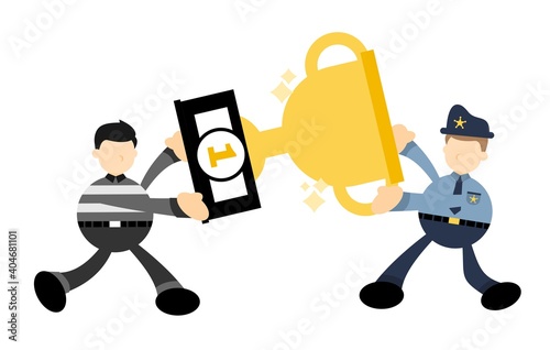 police officer man worker pick burglar thief trophy win champion cartoon doodle flat design style vector illustration