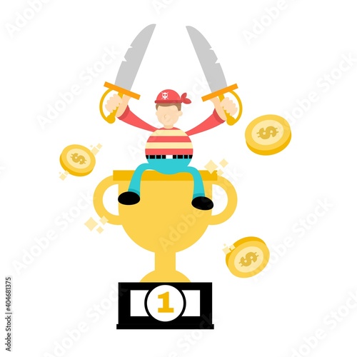 pirate sailor man worker pick trophy win champion cartoon doodle flat design style vector illustration