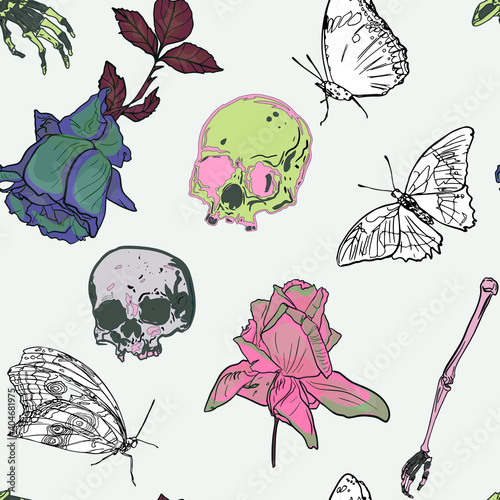 Seamless illustration of skull, butterflies, roses, bones on light gray background. Mystical pattern, Halloween, witches, astrology, palmistry