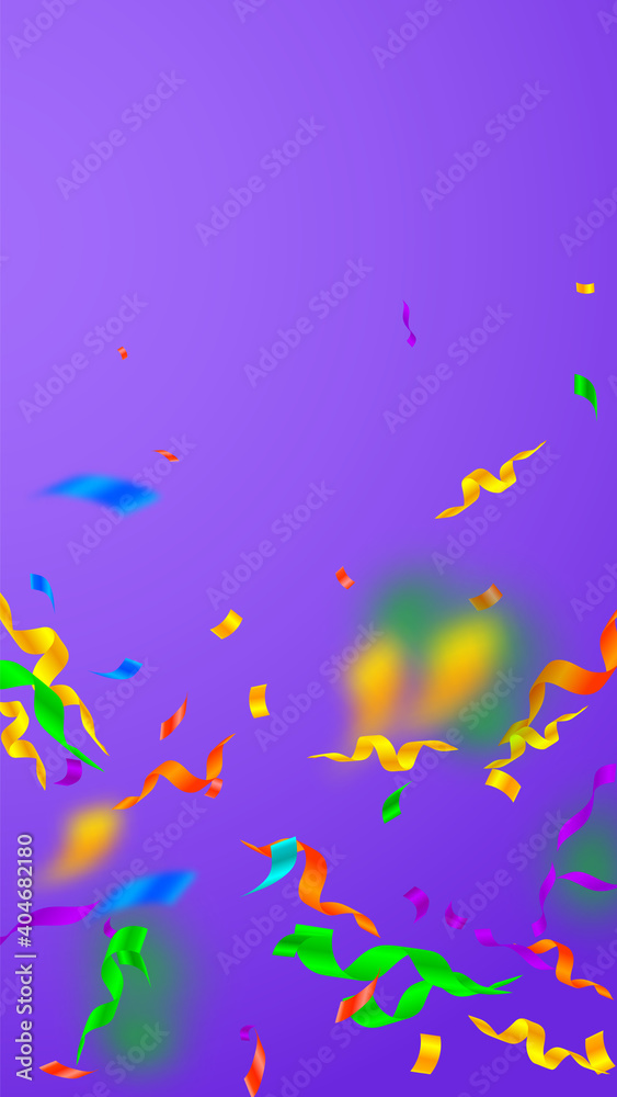 Streamers and confetti. Festive streamers tinsel and foil ribbons. Confetti falling rain on violet background. Bewitching party overlay template. Fetching celebration concept.