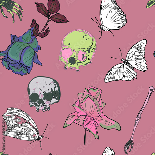 Seamless illustration of skull, butterflies, roses, bones on pink background. Mystical pattern, Halloween, witches, astrology, palmistry