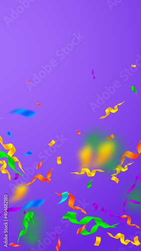 Streamers and confetti. Festive streamers tinsel and foil ribbons. Confetti falling rain on violet background. Bewitching party overlay template. Fetching celebration concept. © Begin Again