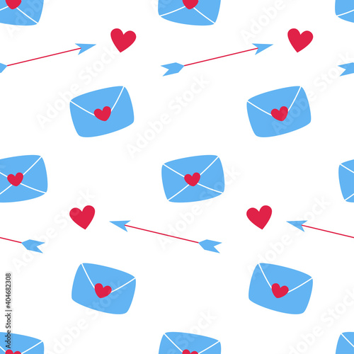 Seamless pattern with letters, hearts and arrows. Valentine's Day pattern.