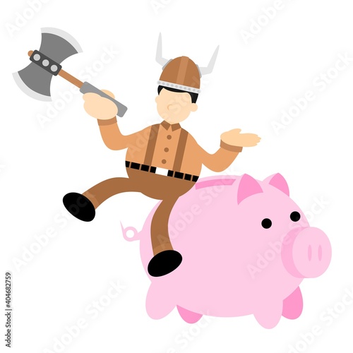 barbarian viking and pig bank money cartoon doodle flat design style vector illustration