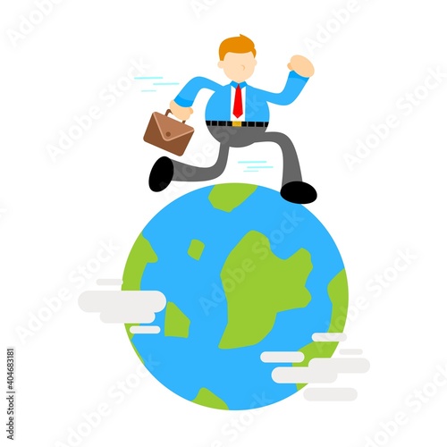 businessman worker run around the world globe cartoon doodle flat design style vector illustration
