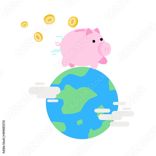 pink pig piggy bank run around world cartoon doodle flat design style vector illustration