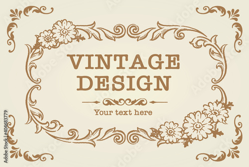 花を使ったアンティークな装飾フレーム、飾り罫のデザイン。ベクター素材。