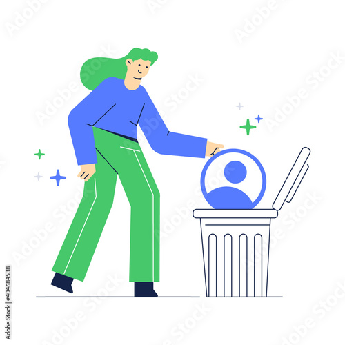 Vector illustration of delete an social media account. Women throw account data in the trash.
