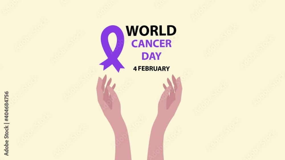 Hands hold World Cancer Day text with purple ribbon