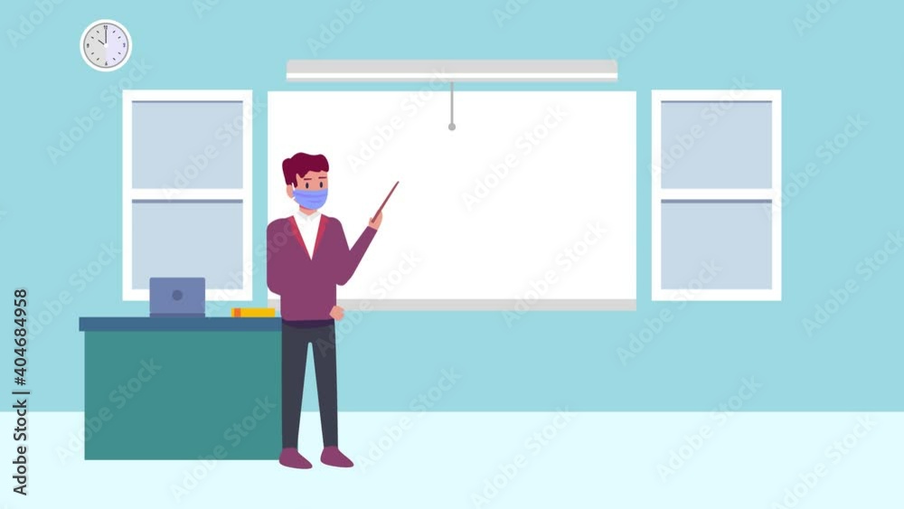 Male lecturer in mask pointing at blank whiteboard Male lecturer in mask pointing at blank whiteboard