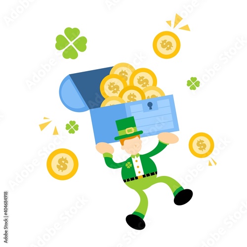 happy leprechaun and gold chest coin dollar money economy cartoon doodle flat design style vector illustration