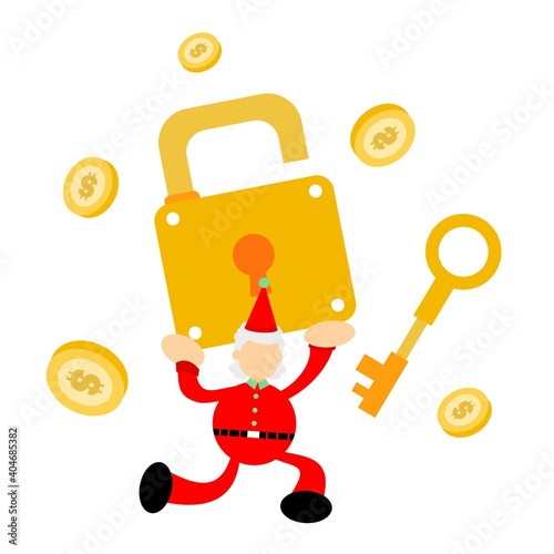 christmas red santa claus and security gold pad lock cartoon doodle flat design style vector illustration