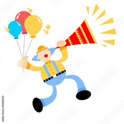 happy yellow clown and colorful trumpet balloon cartoon doodle flat design style vector illustration