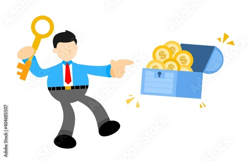 happy businessman and gold chest coin dollar money economy cartoon doodle flat design style vector illustration