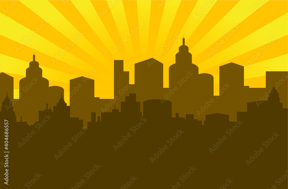 City background with sunburst vector. Bright day illustration. Eps 10