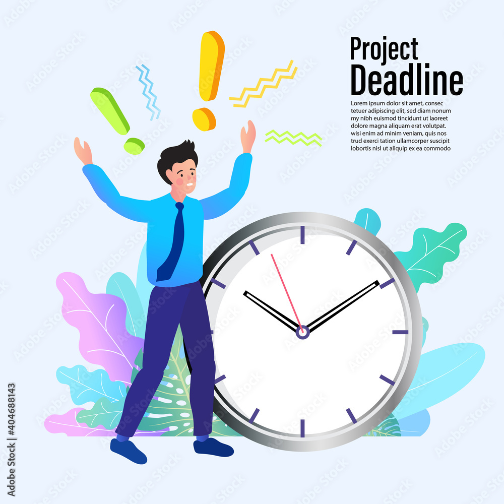 A man standing in panic and a big watch. Concept of project deadline, effective project time planning and management. 