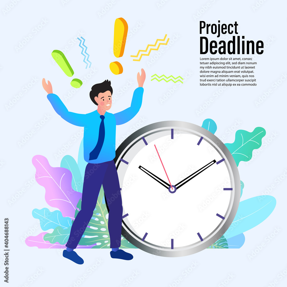 A man standing in panic and a big watch. Concept of project deadline, effective project time planning and management. A man standing in panic and a big watch. Concept of project deadline, effective project time planning and management.