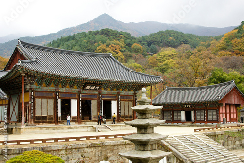 Hwaeomsa (Hwaeom-sa) Buddhist temple in South Korea's Jirisan National Park on a cloudy day in autumn