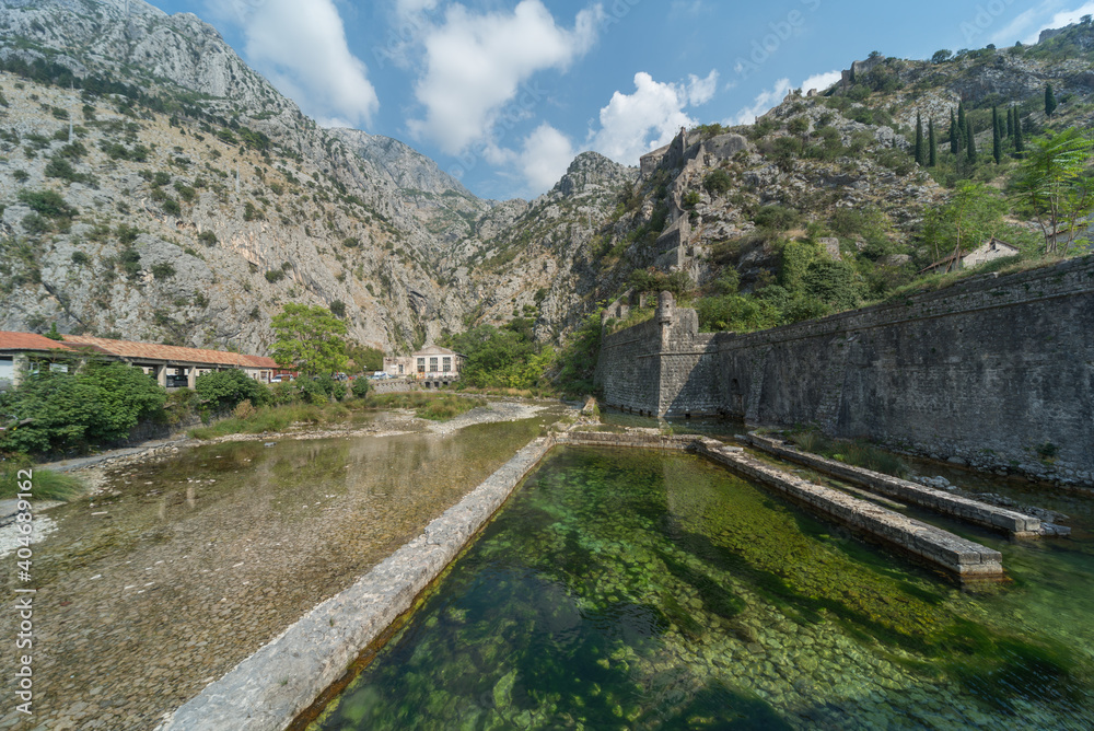 Obraz premium Outer walls of Kotor fort looking towards mountains,Kotor,Montenegro.