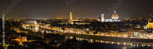 イタリア ミケランジェロ広場から見えるフィレンツェの夜景とライトアップされたドゥオーモ