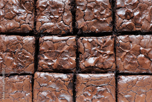 Top view, Homemade dark chocolate fudge brownies cake.
