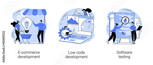 Application software abstract concept vector illustration set. E-commerce development, low code development, IT software testing, online shopping app coding, QA team, bug fixing abstract metaphor.