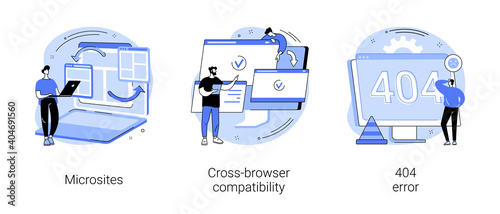 Web development abstract concept vector illustration set. Microsite interface, cross-browser compatibility, 404 error, programming, company page, page not found, website user abstract metaphor.