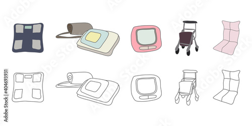 血圧計、体重計、血圧測定、健康アイテムのベクターイラストアイコン素材