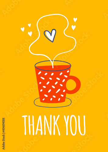 Cute hand drawn winter season card with hot drink cup on yellow background. Thank you card.