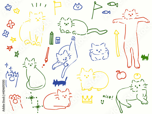 Handwritten illustrations of colorful cats