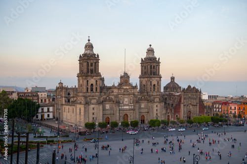 Zocalo Constitution Square and Metropolitan Cathedral at sunset at Historic center of Mexico City CDMX, Mexico. Historic center of Mexico City is a UNESCO World Heritage Site.