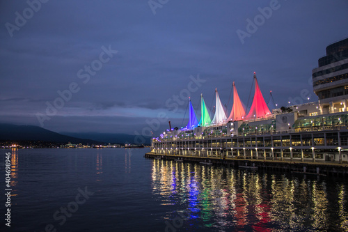 Vancouver, British Columbia, Canada - September 2, 2020: Port of Vancouver at Canada Place, a Canadian Cruise Ship Port and Convention Centre downtown the city at night. photo