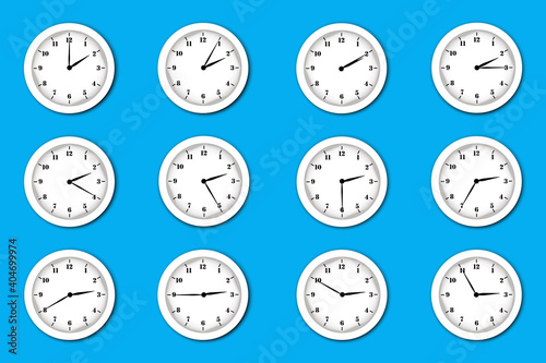 Flat set clock. Classic flat set with clock on blue background. Digital illustration. Stock image. EPS 10.