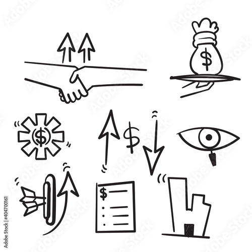 hand drawn Vector set of linear icons related to finance management, trade service and investment strategy in doodle
