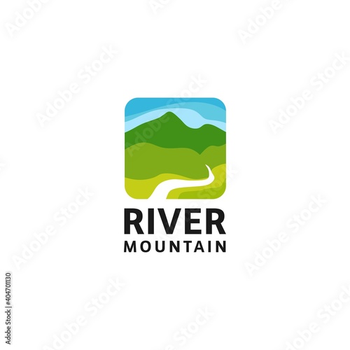 Mountain landscape  peak river creek logo vector template
