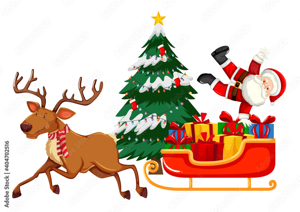 Santa Claus with raindeer and sleigh on white background