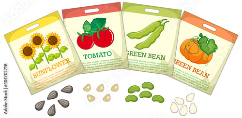 Set of different seed packaging on white background